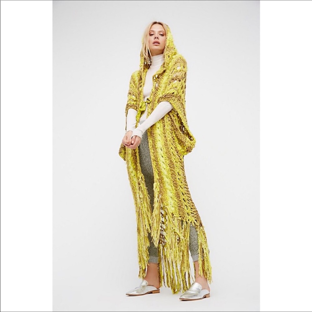 New Free People Crochet Cardigan Wildflower Yellow Hooded Fringe Size XS/S